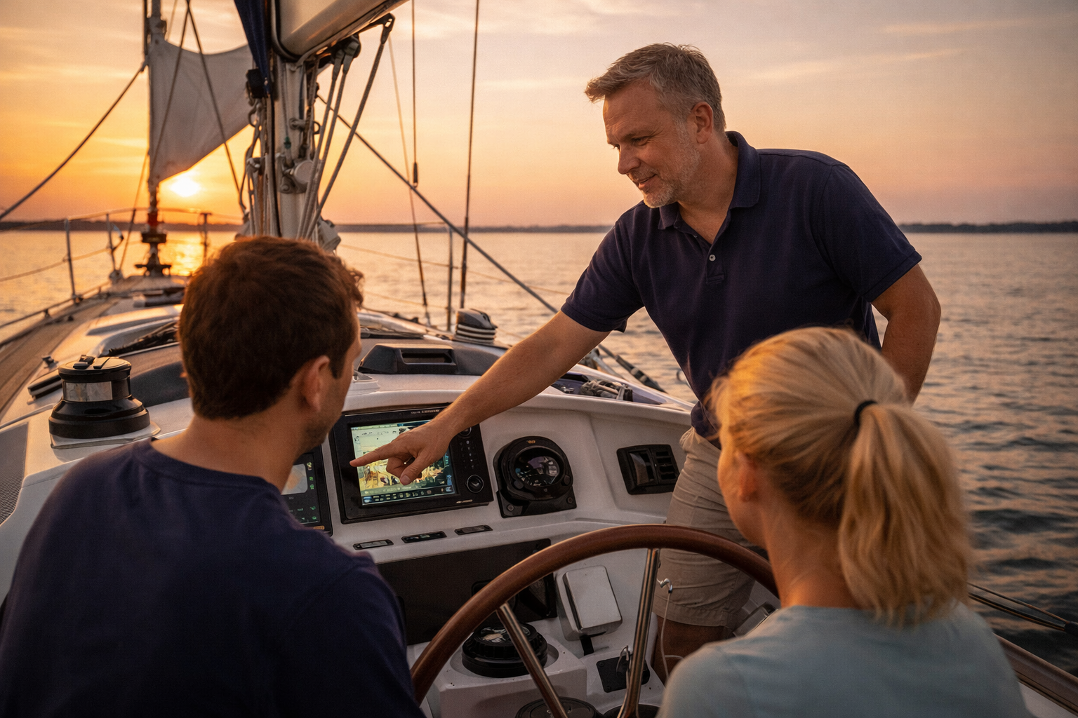 Skippertraining: Trainer erklärt Chartplotter und Navigation an Bord